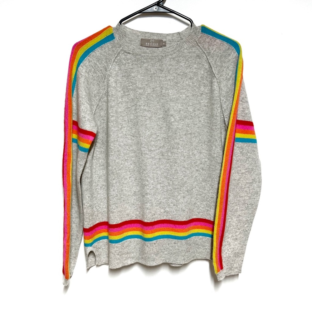 Brodie Fine Mongolian Grey Cashmere Rainbow Pop Striped sweater Womens Sz S